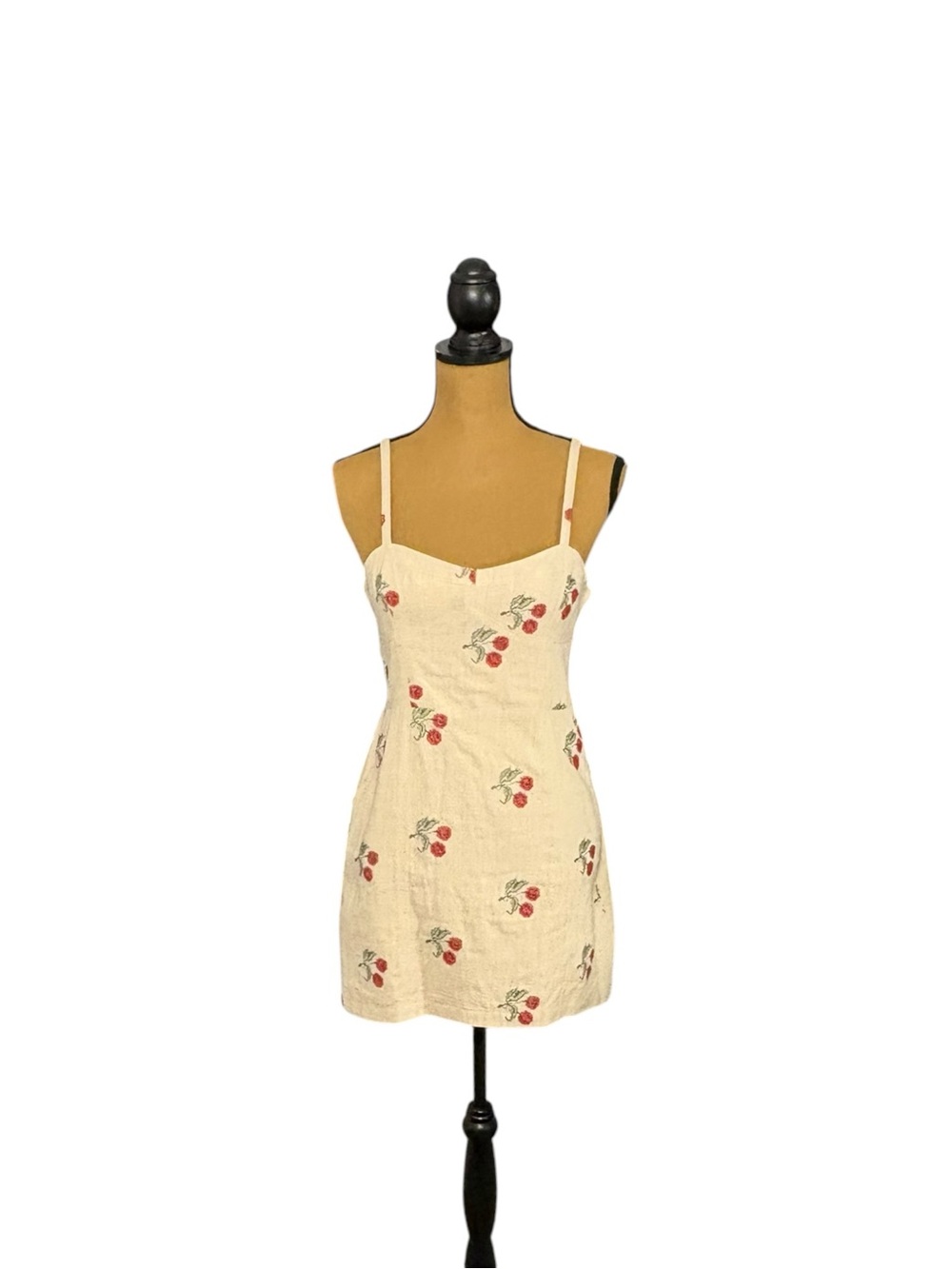 Urban Outfitters Cherry Embroidered Mini Dress Womens M Cream Open Back Cotton